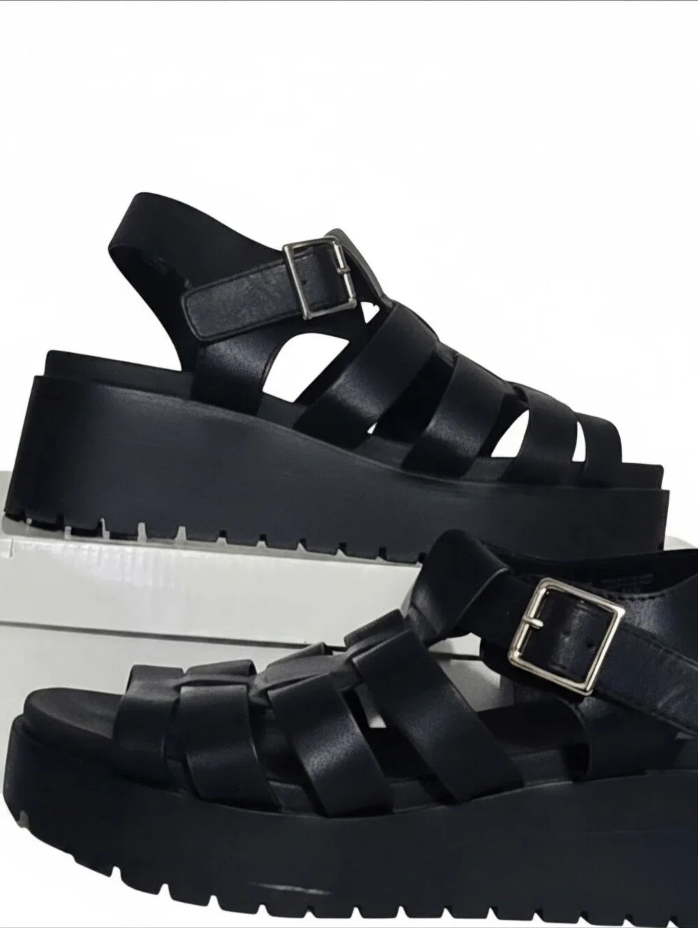 Women's Black Faux Leather Platform Sandals Rubber Soles Size 8.5